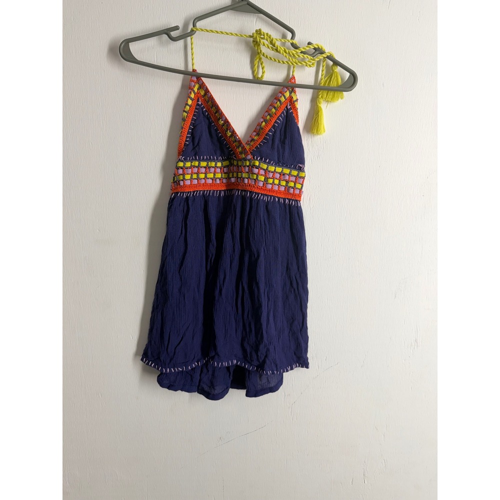 Band of Gypsies Boho Embroidered Halter Top Navy Blue Tassel XS B2209-BLUE